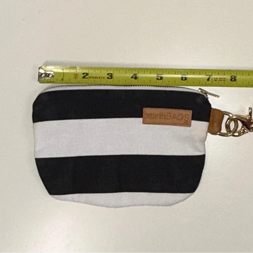 Betterlife Bags Striped Zip Pouch with a Denim Wrist Strap, Black White Blue